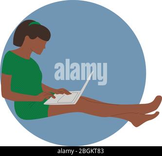 Freiberufliche Arbeit Konzept mit sitzenden Mädchen und Laptop, Buch, Nachrichten. Arbeiten zu Hause, zu Hause, Remote-Arbeit Konzept flache Stil Vektorgrafik. Cu Stock Vektor