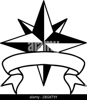 Traditionelle schwarze Linework Tattoo mit Banner eines Sterns Stock Vektor