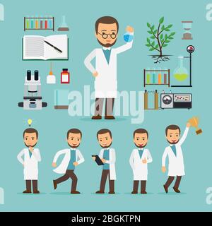 Wissenschaftler mit Laborgeräten in verschiedenen Posen Icons gesetzt. Vektorgrafik. Stock Vektor