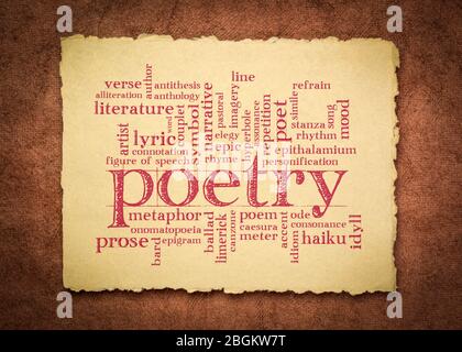 Poesie Wort Wolke - Handschrift auf einem handgefertigten Papier, Literatur Begriffe Stockfoto