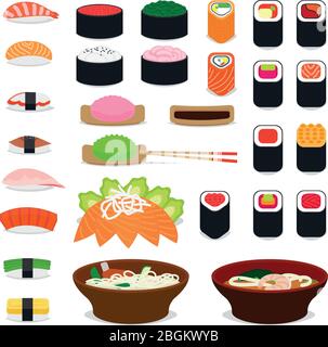 Asiatische Lebensmittel-Ikonen. Symbole für Sushi und Sashimi, Nudel- und Misosuppe auf weißem Hintergrund. Vektorgrafik Stock Vektor