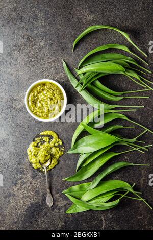 Bärlauch-Pesto und grüne Ramsons-Blätter. Draufsicht. Stockfoto