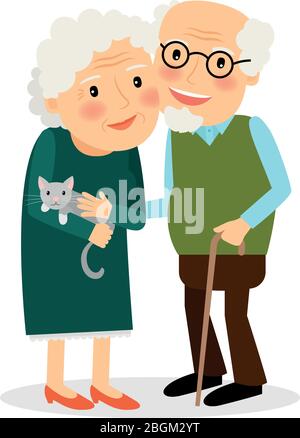 Altes Paar. Großmutter und Großvater stehen zusammen. Ältere Familie mit Katze. Vektorgrafik. Stock Vektor