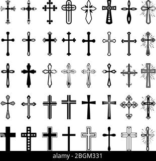 Christliche Kreuz-Symbole. Vektor Linie schwarz christian Kreuz auf weißem Hintergrund gesetzt Stock Vektor