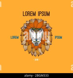 Lion Head Logo im Boho Stil. Farbiges Bild auf gelbem Hintergrund. Vektorgrafik Stock Vektor