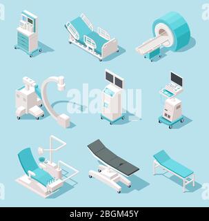 Isometrische medizinische Geräte. Diagnosetools für Krankenhäuser. 3D-Maschinen für die Gesundheitstechnologie. Medizinische Geräte, Röntgen- und Resonanzgeräte, Stock Vektor