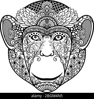 Zentagle Affenkopf Vektorgrafik. Affengesicht mit ethnischen Motiven, von Hand gezeichnet Stock Vektor