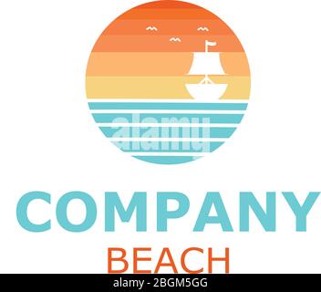 Sunset Beach mit Boot-Logo-Design Stock Vektor