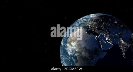 Erdplanet aus dem All bei Nacht mit den Lichtern Europas, 3d-Rendering des Planeten Erde, realistische 3D-Erdkugel, Elementbild der NASA Stockfoto