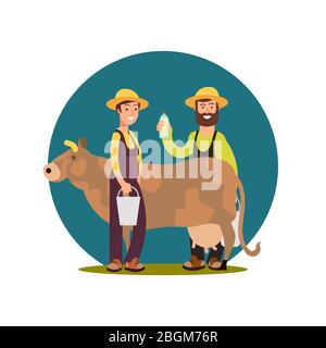 Bio-Milch-Produkte. Cartoon Charakter glücklich Bauern mit Kuh Vektor-Design. Milchkuh und Landwirt Charakter Illustration Stock Vektor