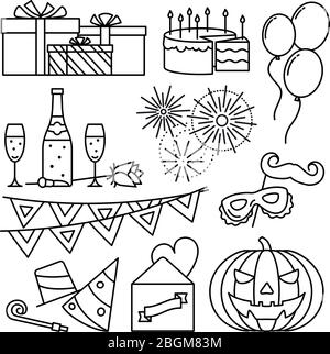 Celebration Line Icons, Party Thin Line Icons. Feier und Party Gliederung Vektor-Elemente Stock Vektor