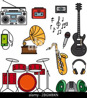 Musik und Musikinstrumente schwarze flache Linie Symbole auf weißem Hintergrund. Bilder von Gitarre, Saxophon, Schlagzeug und Musikspieler. Vektorgrafik Stock Vektor
