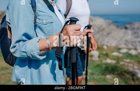 Älteres Paar, das Trekking im Freien praktiziert Stockfoto