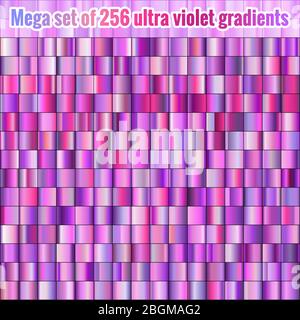 Mega Set von 256 ultravioletten und lila Gradienten. Kollektion von trendigen bunten Elementen. EPS 10 Stock Vektor