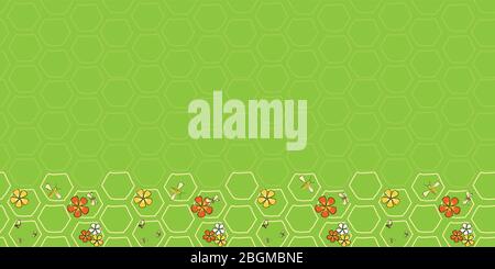 Buzz auf Spring Rand nahtlose Vektor wiederholen Bienen und Blumen auf Wabenoberfläche Muster Design Stock Vektor