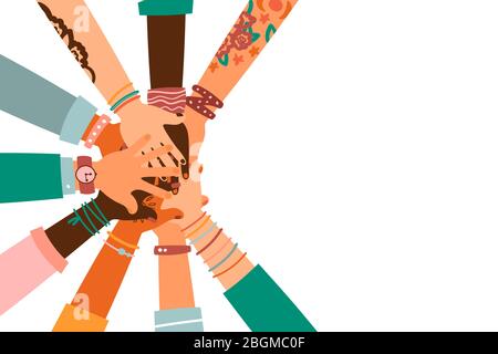 Hände zusammen - Satz von verschiedenen Rassen hob die Hände. Das Konzept der Bildung, Business-Training, Freiwilligenarbeit Wohltätigkeit, Partei. Stock Vektor