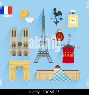 Vector Frankreich Flagge und Paris Wahrzeichen flache Symbole Stock Vektor