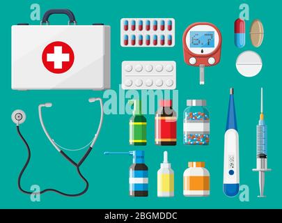 Medizinische erste-Hilfe-Set mit verschiedenen Pillen und medizinischen Geräten. Medizinische Werkzeuge, Medikamente, Stethoskop, Spritze, Glucometer, Thermometer. Diagnostik im Gesundheitswesen. Dringlichkeit. Abbildung flacher Vektorgrafiken Stock Vektor