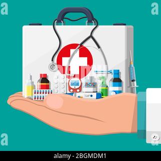 Medizinische erste-Hilfe-Set mit verschiedenen Pillen und medizinischen Geräten. Medizinische Werkzeuge, Medikamente, Stethoskop, Spritze, Glucometer, Thermometer. Diagnostik im Gesundheitswesen. Dringlichkeit. Abbildung flacher Vektorgrafiken Stock Vektor