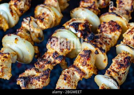 Leckere geröstete Grill Nahaufnahme. Hausgemachte Hühnchen-Schisch-Kabobs mit gebackenen Zwiebeln. Gegrillte Hähnchenfleisch-Spieße auf dunklem Hintergrund. Stockfoto