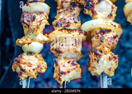 Gebratene hausgemachte Hühnershish Kabobs mit frischen Zwiebeln auf Schwelkohlen in mangal. Gegrillte Hähnchenfleisch-Spieße auf verschwommenem Hintergrund. Stockfoto