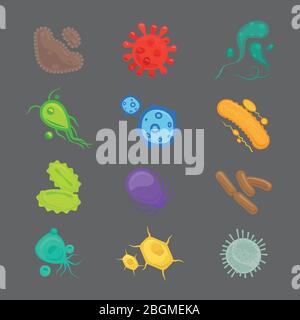 Virus und Bakterien farbige Symbole auf schwarzem Hintergrund. Vektorgrafik Stock Vektor