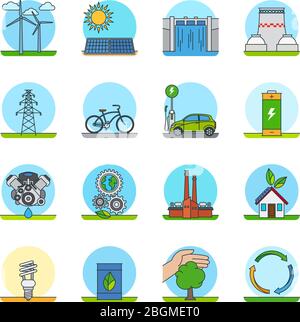 Symbole für grüne Energiefarben. Grüne Energiearten oder grüne Technologien Liniensymbole Vektor Stock Vektor