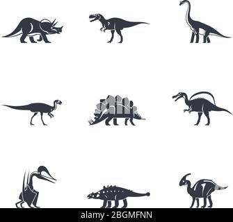 Dino-Symbole gesetzt. Dinosaurier schwarze Silhouetten auf weißem Hintergrund. Vektorgrafik Stock Vektor