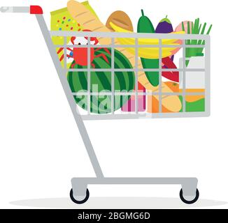 Symbol für den Einkaufswagen. Supermarkt Warenkorb in flacher Ausführung mit Lebensmitteln. Vektorgrafik Stock Vektor