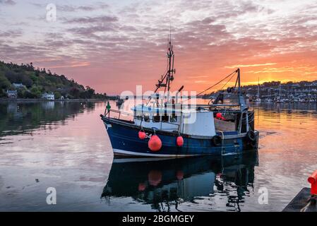 Crosshaven, Cork, Irland. April 2020. Die Fischereiindustrie hat aufgrund der Pandemie Covid-19 mit der Schließung von Restaurants und Exportmärkten einen Nachfragerückgang von 60 % erlebt. Das Bild zeigt das Fischerboot Majestic IV, das vor Sonnenaufgang aufbricht, um die Töpfe für Krabben und Hummer in Crosshaven, Co. Cork, Irland, zu überprüfen. - Credit; David Creedon / Alamy Live News Stockfoto