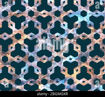 Geometrisches Regenbogen-Melange-Gitter in Neonfarben auf dunkelblauem Hintergrund. Nahtloses Gittermuster Stockfoto