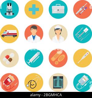 Symbole für medizinische Wohnungen. Medizinische Werkzeuge und Gesundheitsgeräte Zeichen, medizinische Wissenschaft Forschung Vektor-Symbole Stock Vektor