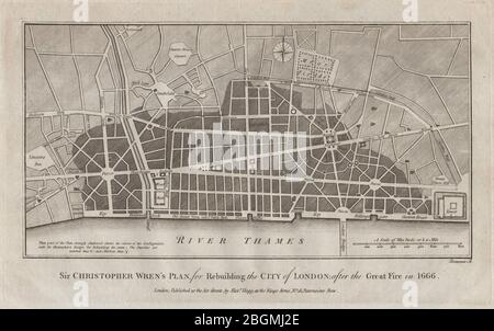 Sir Christopher Wrens Plan, die City of London wieder aufzubauen. THORNTON 1784-Karte Stockfoto