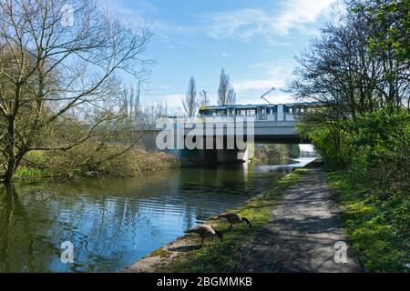 Metrolink Tram überquert den Bridgewater Canal am Eröffnungstag der Trafford Park Line, 22. März 2020. Barton Dock Rd., Trafford, Manchester, Großbritannien Stockfoto