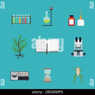 Flache Symbole für Biologie. Labor und wissenschaftliche Ausrüstung für Biologie. Vektorgrafik Stock Vektor