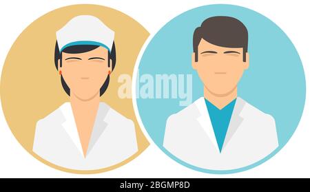 Flache Symbole für medizinisches Klinikpersonal. Symbole für Arzt und Krankenschwester. Vector Krankenhauspersonal und Krankenhauspersonal Stock Vektor
