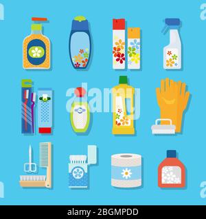 Vector Hygiene- und Reinigungsprodukte flache Symbole. Reiniger und Toilettenpapier, Zahnpasta und Deodorant Stock Vektor