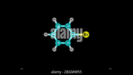 Bromobenzol ist ein Arylhalogenid C6H5Br, das durch elektrophile aromatische Substitution von Benzol mit Brom gebildet werden kann. Es ist ein klares, farbloses o Stockfoto