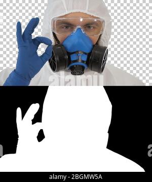 Arzt in Schutzkleidung zeigt OK alles wird in Ordnung sein, Stockfoto