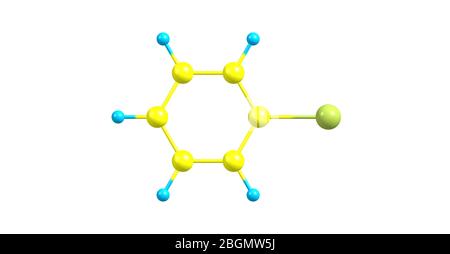 Bromobenzol ist ein Arylhalogenid C6H5Br, das durch elektrophile aromatische Substitution von Benzol mit Brom gebildet werden kann. Es ist ein klares, farbloses o Stockfoto