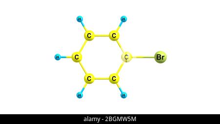 Bromobenzol ist ein Arylhalogenid C6H5Br, das durch elektrophile aromatische Substitution von Benzol mit Brom gebildet werden kann. Es ist ein klares, farbloses o Stockfoto