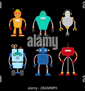 Retro Roboter Set in flachem Stil, Vintage niedlichen Roboter. Vektor der Spielzeugroboter Stock Vektor