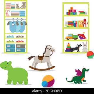 Kinderladen Innenraumelemente. Spielzeug und Kinderkleidung auf den Regalen. Vektorsymbole Stock Vektor