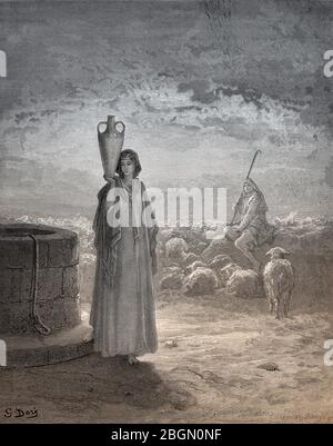 Jacob hält Labans Herde und trifft Rachel, Holzschnitt von Gustave Doré Stockfoto