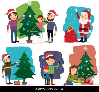 Frohe Weihnachten. Dekorieren des Weihnachtsbaums und Geschenke. Weihnachtsmann und Weihnachtsspaß. Symbole für die Saison. Vektorgrafik. Stock Vektor