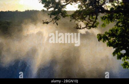 Digitale Kunst impasto Wirkung auf Wasser, Spray und Sonne auf Iguacu Falls, Brasilien, Südamerika Stockfoto