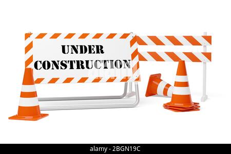 Orange Verkehrswarnkegel oder Pylonen mit Straßensperre und im Bau Zeichen auf weißem Hintergrund - im Bau, Wartung oder attet Stockfoto