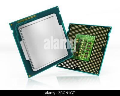CPU-Vorder- und Rückseite isoliert auf weißem Hintergrund. 3D-Darstellung. Stockfoto