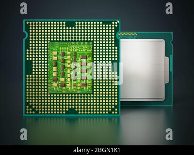 CPU-Vorder- und Rückseite isoliert auf schwarzem Hintergrund. 3D-Darstellung. Stockfoto