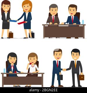 Business People Meeting, Geschäftsverhandlungen und Business Handshake. Vektorgrafik. Stock Vektor